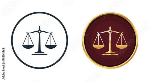 Two circular icons featuring gold and black scales of justice representing legal systems for professional law firms