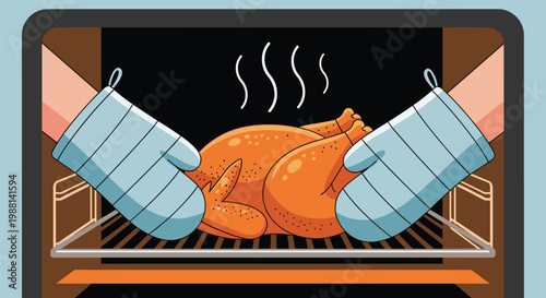 Hands wearing blue oven mitts taking a perfectly roasted whole turkey out of the oven for a festive holiday dinner celebration.