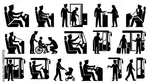 People using public transportation various actions.