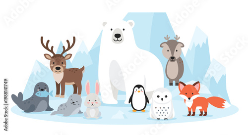 Collection of polar animals including polar bear, penguin, reindeer, and seals in an arctic landscape with icebergs and snow.