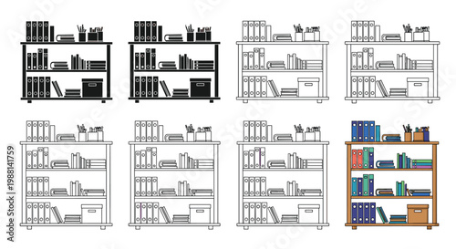 Collection of various office bookshelves filled with binders, books, and storage containers displayed in color and black and white.