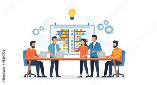 Professional business team collaborating on a creative project idea during a productive office meeting at a table