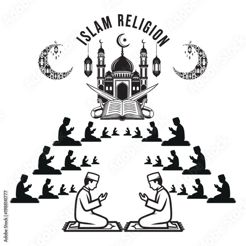 Gathering of worshipers in front of a grand mosque during prayer time.