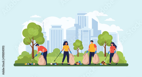 Group of volunteers working together to clean up trash and litter in a city park with buildings in the background for ecology.