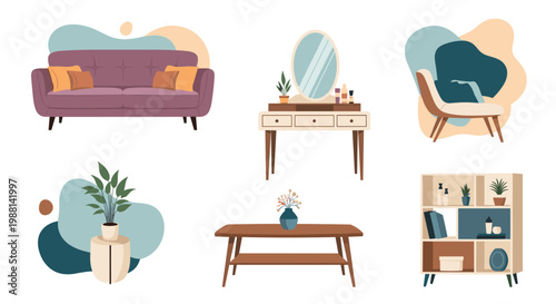 Stylish collection of modern home furniture items including a sofa, vanity table, armchair, plant, coffee table, and a bookshelf.
