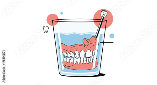 Set of upper and lower dentures being cleaned in a glass of water, illustrated with stylized bubbles and a tooth icon in vector art.