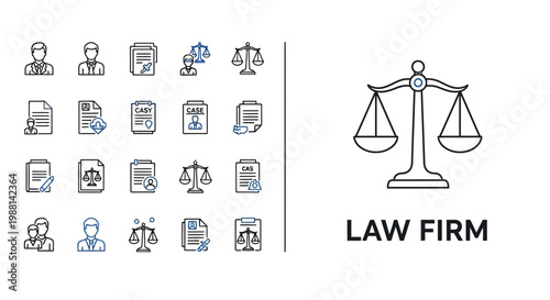 Set of legal and law firm icons with scales of justice.