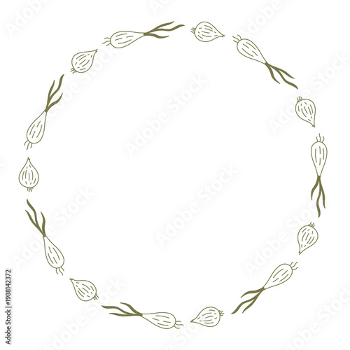Onion Bulb Leaves Circle Frame. Thin Hand Drawn Organic Spice Round Border. Natural Healthy Food Wreath. Doodle Vector illustration