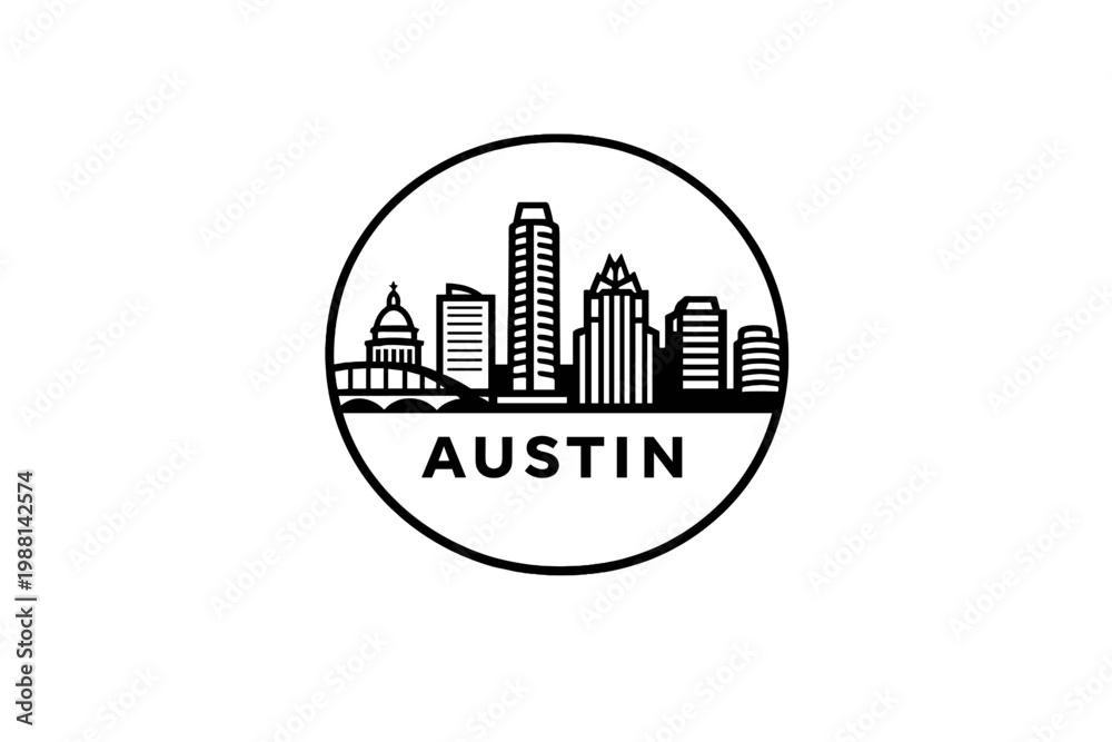 Fototapeta premium 2D Minimalist Austin Skyline in Circular Badge Frame on White Background with Clean Black Line Art