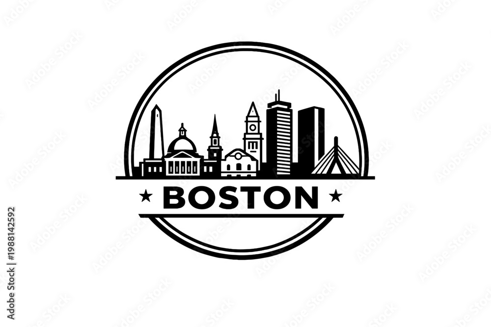 Obraz premium Minimalist Boston Skyline Logo Illustration, Outline Cityscape Badge with Urban Landmarks
