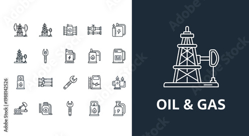 Oil and gas industry line icons set for energy production and fuel extraction