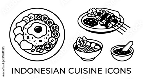 Indonesian cuisine food icons set.