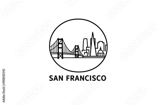 2D Minimalist San Francisco Skyline Logo Illustration, Outline Cityscape Badge with Golden Gate Bridge