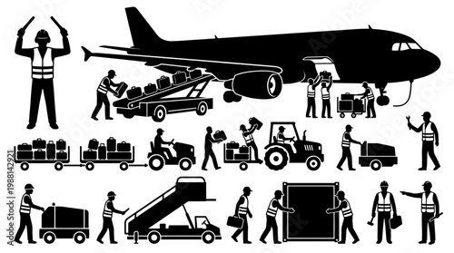 Airport ground crew loading plane.