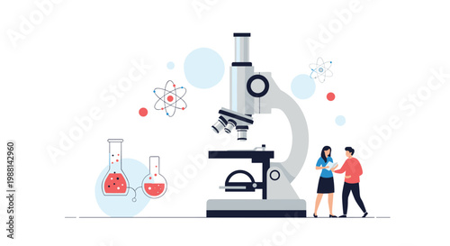 Scientific research laboratory scene with a large microscope, chemical flasks, atomic models, and two researchers working together.