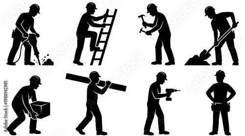 Construction workers in various actions.