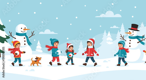 Group of joyful children playing in the snow, building snowmen and having fun during a beautiful winter day outside.