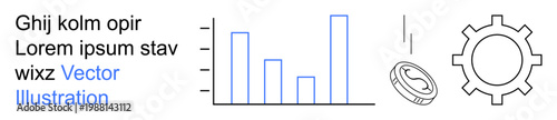 Business growth, financial success, economic strategy, data analysis, productivity, innovation. Chart with bars, falling coin gear icon. Business growth and financial success concept