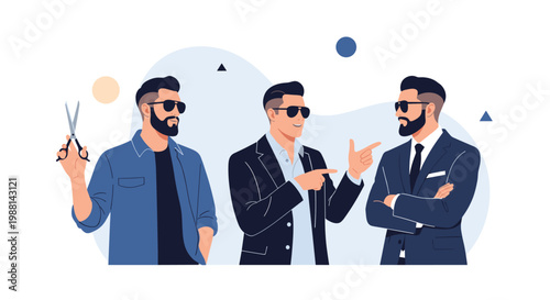 Three stylish men with beards and sunglasses representing different looks from casual denim to a professional suit.