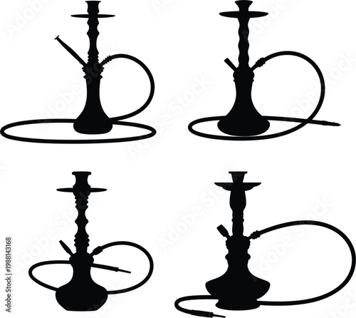 Traditional hookah shisha silhouette set with different bottle designs for lounge smoking and middle eastern culture vector