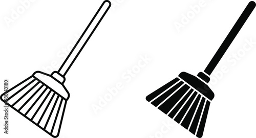 Broom cleaning tool icon with outline and solid style household sweeping equipment vector illustration isolated