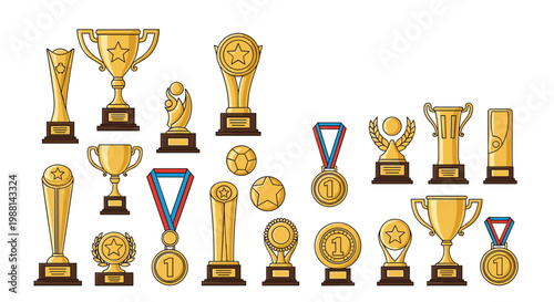 Large collection of gold sports trophies and medals for various achievements and competitions in a flat vector style.