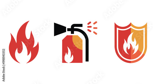 Fire safety icons set, flame extinguisher and shield with fire symbols in modern line and flat vector style, representing emergency protection, hazard control, and fire prevention systems 