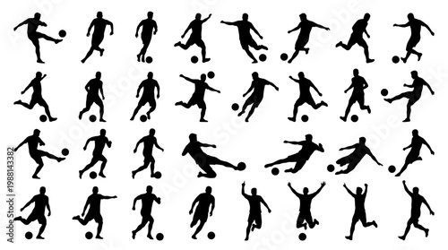 Silhouettes of soccer players kicking ball.