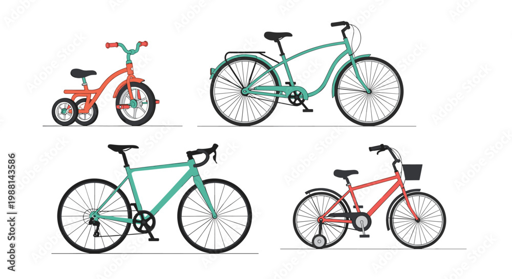 Naklejka premium Collection of various bicycle models including a vintage cruiser, a modern road bike, a childs bicycle with training wheels, and a tricycle.