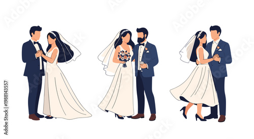 Set of elegant wedding couples in different romantic poses including dancing together, holding a bouquet, and sharing a celebratory toast.