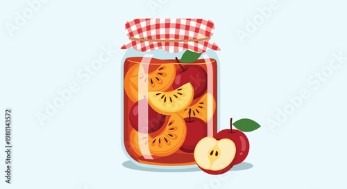 Glass preserve jar filled with delicious fruit compote made of sliced persimmons and whole red apples on a solid light blue background.