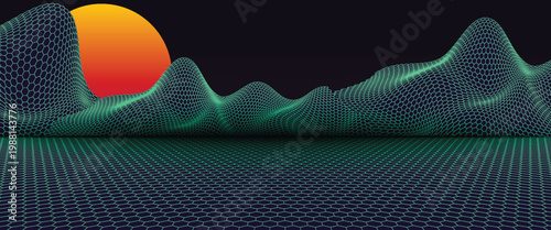 Retro background futuristic landscape 1980s style. Digital retro landscape cyber surface. 80s party background . Retro 80s fashion Sci-Fi Background Summer Landscape.