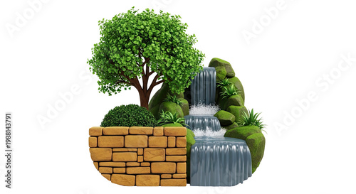 Miniature Garden Waterfall with Tree and Stone Wall