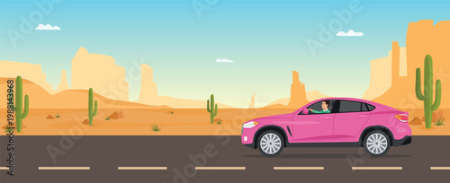 Driving through a desert road beautiful background flat vector illustration. Desert landscape with mountains, rock hills and cacti in cartoon style. Western Texas Landscape. 