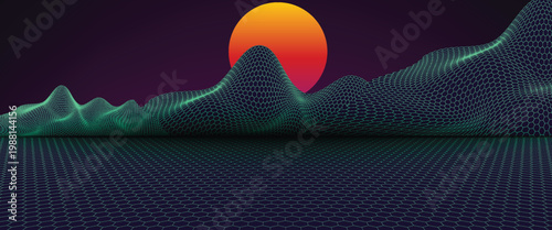 Retro background futuristic landscape 1980s style. Digital retro landscape cyber surface. 80s party background . Retro 80s fashion Sci-Fi Background Summer Landscape.