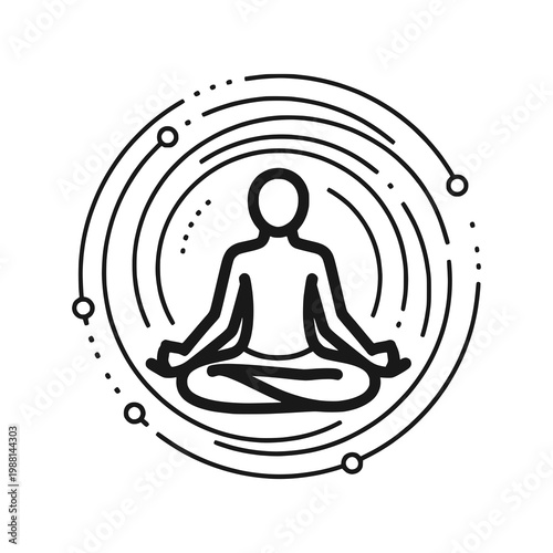 Minimalist vector line art of a person meditating in lotus pose with a cosmic aura. Perfect for zen, yoga, mindfulness, and spiritual wellness branding.