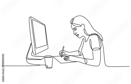 Minimalist line art of a woman focused on her computer work with single line continuous home office remote work one computer illustration minimalist creative technology business