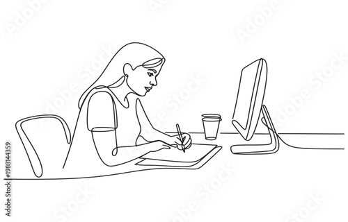 Single line drawing of a woman at her desk with computer and coffee line art home office remote work one computer illustration minimalist creative technology business workspace
