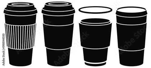 Reusable and disposable coffee cup vector icons with sleeves and lids, black and white art set representing takeaway beverages, sustainable and single-use coffee packaging design elements.