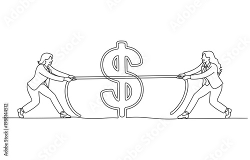 Two business people in a tug of war over a dollar sign representing financial competition business competition struggle illustration background conflict challenge economic investment