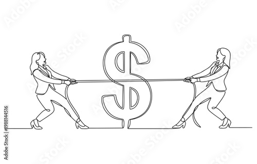 Two business people in a tug of war over a dollar sign representing financial competition business competition struggle illustration background conflict challenge economic investment