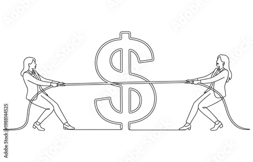 Two business people in a tug of war over a dollar sign representing financial competition business competition struggle illustration background conflict challenge economic investment