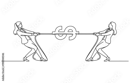 Two business people in a tug of war over a dollar sign representing financial competition business competition struggle illustration background conflict challenge economic investment