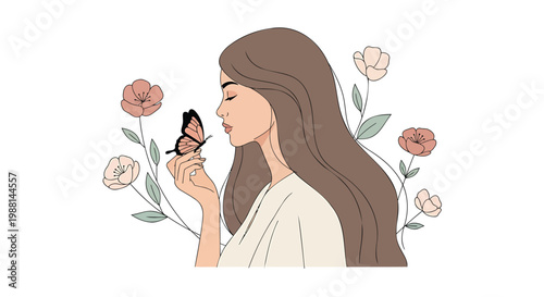 Minimalist woman with flowers, butterfly illustration, bohemian style, floral background