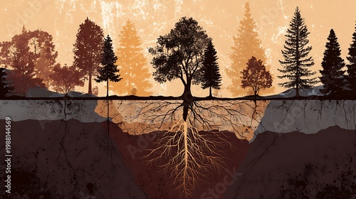 Tree roots deep in soil layers.