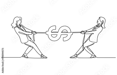 Two business people in a tug of war over a dollar sign representing financial competition business competition struggle illustration background conflict challenge economic investment