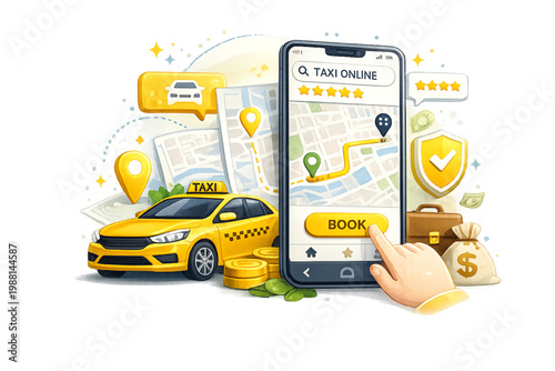 Taxi booking app and yellow sedan, ride hailing mobile app, taxi service booking interface, urban transportation app design, yellow taxi car illustration, modern mobility solution, GPS navigation taxi