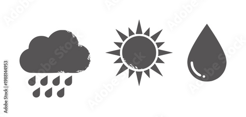 Dark gray weather showing rain cloud sun and water drop