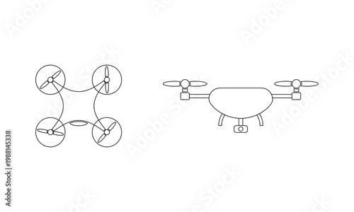 Simple outline drone symbol set with quadcopter designs, presented as minimal vector line illustrations isolated on clean background, EPS 10 compatible.