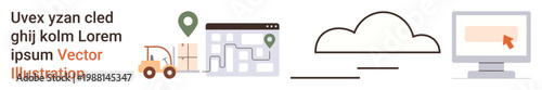 Supply chain, logistics, cloud storage, online management, delivery, technology services. Forklift, map navigation interface cloud icon computer screen. Supply chain and logistics illustration